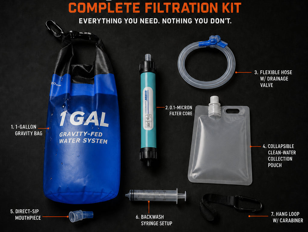 The complete kit with every part called out: reservoir, filter core, hose, pouch, mouthpiece, syringe and hang loop
