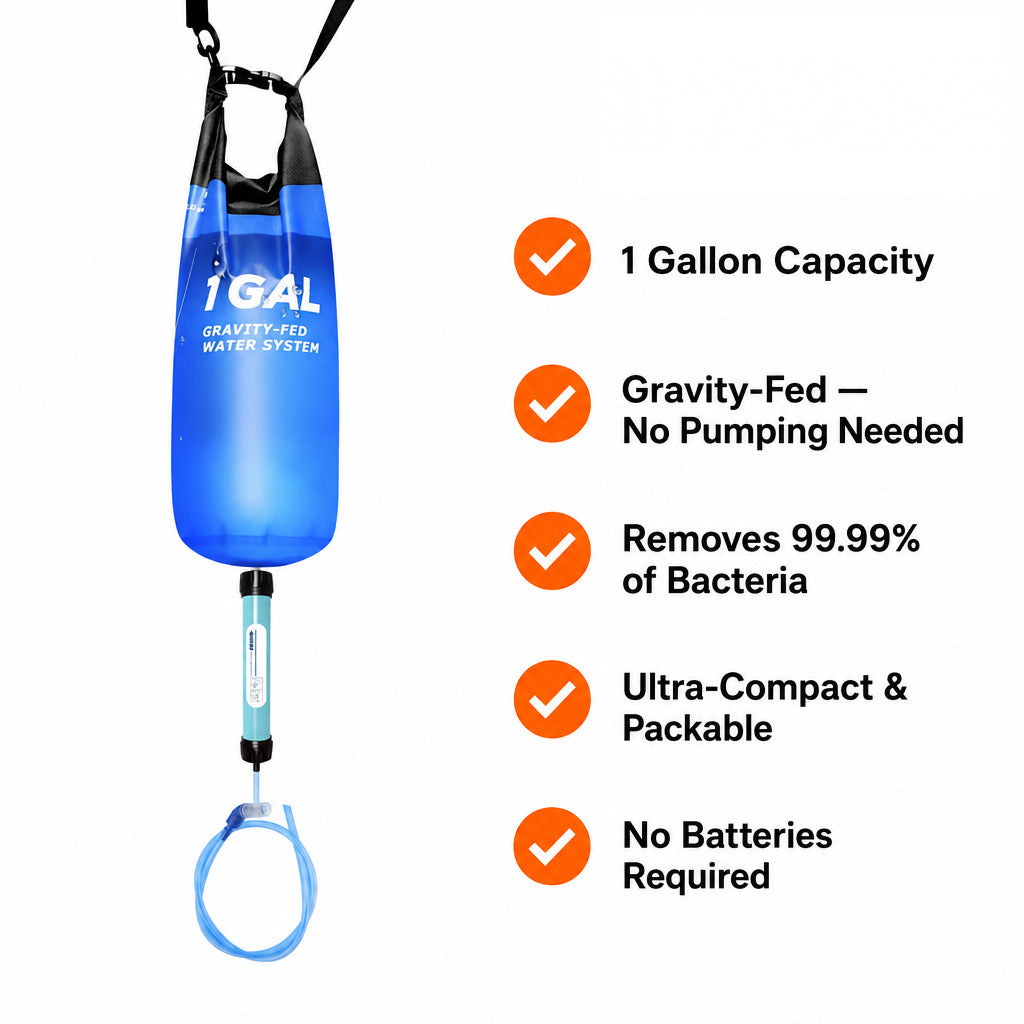 The kit hanging, with its capacity, gravity feed and filtration figures listed