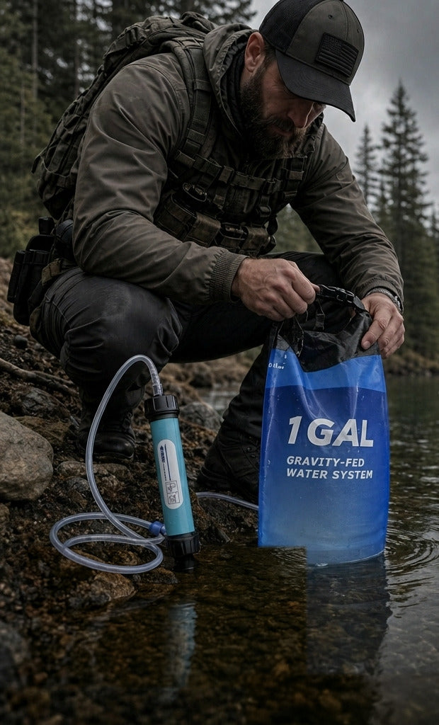 Filling the one-gallon gravity reservoir straight from a lake, filter core and hose connected