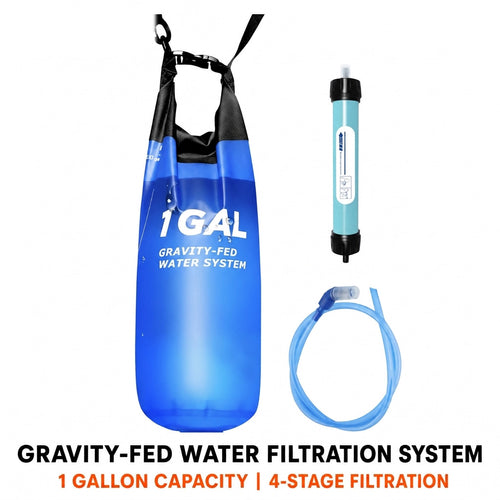 The kit laid out on white: one-gallon gravity reservoir, inline filter core and hose
